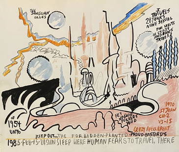 Royal Robertson: Verso drawing on paper 11 x 9 1/4 in, manner of Royal Robertson (20 October 1930 – 5 July 1997), also known as the self-proclaimed Prophet Royal Robertson, was an American artist.