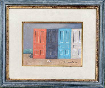 Gertrude Abercrombie: Oil on canvas framed 18 1/4 x 15 1/2 in (art 10 1/4 x 7 1/2 in) manner of Gertrude Abercrombie (February 17, 1909 – July 3, 1977) was an American painter based in Chicago. Called "the queen of the b