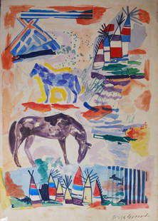 Jaune Quick-to-See Smith: Drawing on paper 11 ½ x 8 in, manner of Jaune Quick-to-See Smith (born 1940) is a Native American visual artist and curator. She is an enrolled member of the Confederated Salish and Kootenai