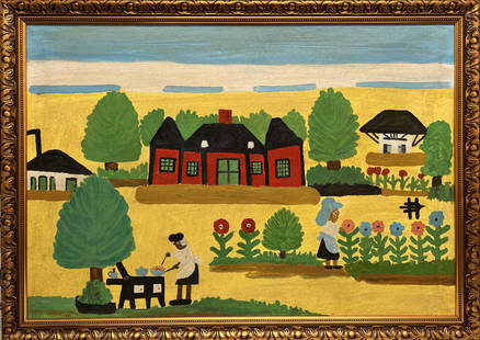 Clementine Hunter: Oil on canvas framed 34 1/2 x 24 3/4 in, (Art 31 x 21 1/4 in),manner of Clementine Hunter (pronounced Clementeen; late December 1886 or early January 1887 Ã¢€â€œ January 1, 1988) was a