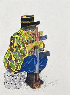 Kura Shomali: Painting on paper 11 1/2 x 8 1/2 in, manner of Kura Shomali Born in 1979, Kananga, Democratic Republic of the Congo. Lives and works in Kinshasa, Democratic Republic of the Congo. In 2001, Kura