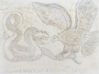 William L. Hawkins: Drawing on paper 10 ¾ X 8 in, manner of William L. Hawkins (27 July 1895 – 1990) was an American folk artist whose work began receiving acclaim in the 1980s. Hawkins frequently used a variety