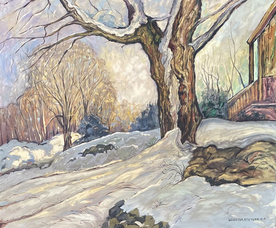 William Lester Stevens: Oil on masonite 23 ¾ X 19 ¾ in, manner of William Lester Stevens (1888 - 1969)William Lester Stevens was born and raised in Rockport, Massachusetts, where he began studying painting as a