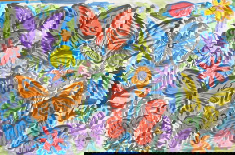 Hunt Slonem: Drawing on paper 23 ½ x 15 ¾ in, manner of Hunt Slonem, he is an American painter, sculptor, and printmaker. He is best known for his Neo-Expressionist paintings of butterflies, bunnies,