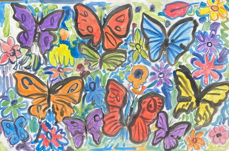 Hunt Slonem: Drawing on paper 23 &frac12; x 15 &frac34; in, manner of Hunt Slonem, he is an American painter, sculptor, and printmaker. He is best known for his Neo-Expressionist paintings of butterflies, bunnies,