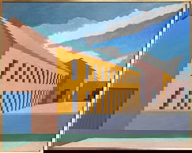 Emilio Sanchez: Oil on canvas framed 39 ¾ x 32 in (art 39 x 31 ¼ in), manner of Emilio Sanchez (1921–1999) was an American artist known for his architectural paintings and graphic lithographs. Hi