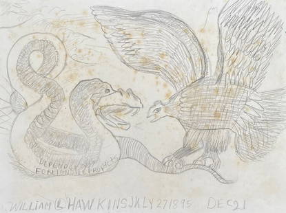 William L. Hawkins: Drawing on paper 10 ¾ X 8 in, manner of William L. Hawkins (27 July 1895 – 1990) was an American folk artist whose work began receiving acclaim in the 1980s. Hawkins frequently used a