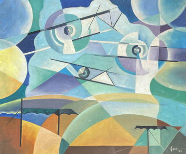 Tullio Crali: Oil on masonite 18 ¾ x 15 ¾ in, manner of Tullio Crali (6 December 1910, in Igalo – 5 August 2000, in Milan) was an Italian artist associated with Futurism. A self-taught painter,
