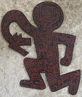 Keith Haring: Wooden panel 25 ½ x 19 ¾ in, manner of Keith Allen Haring (May 4, 1958 â€“ February 16, 1990) was an American artist whose pop art emerged from the New York City graffiti