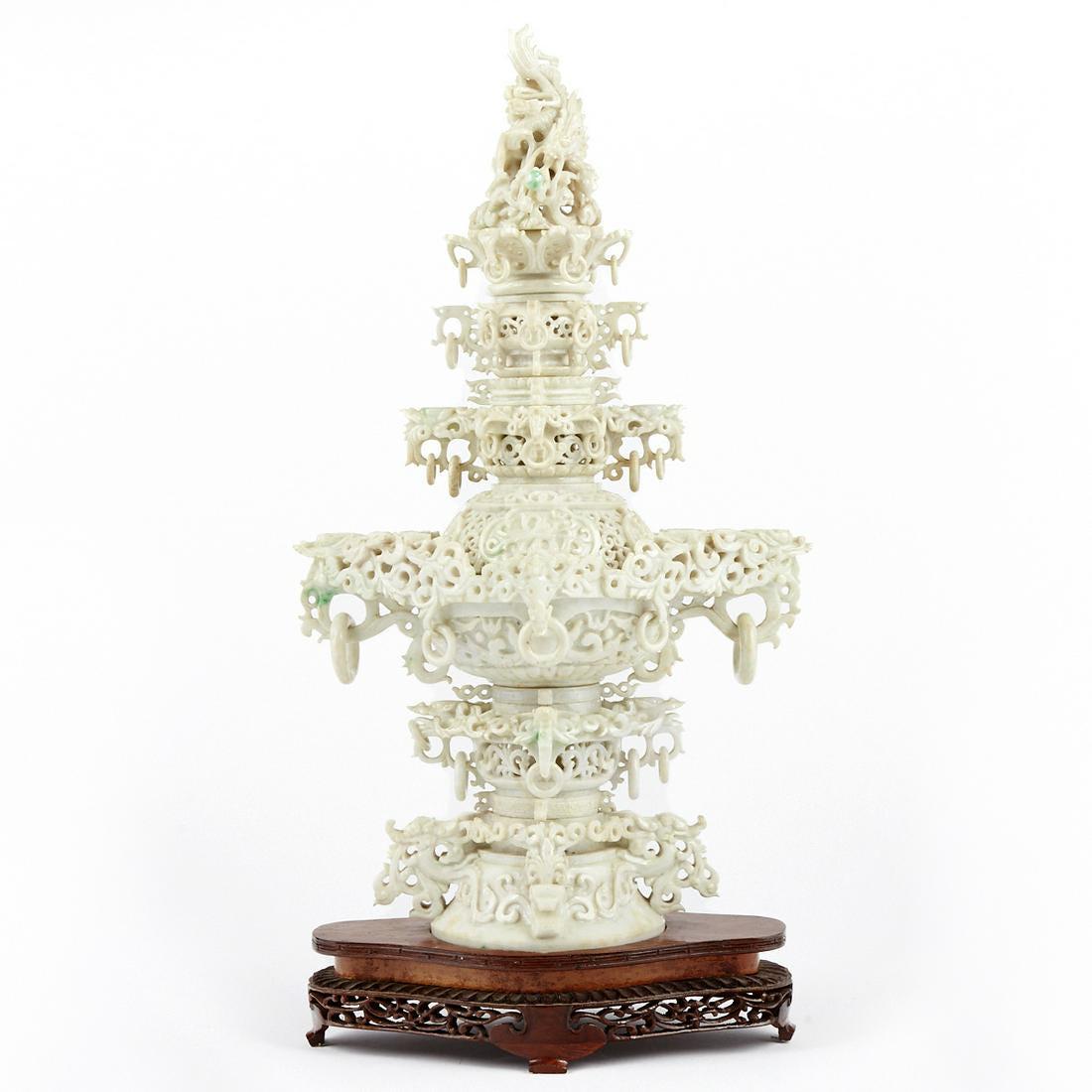 Massive Chinese PRC Carved Jade Censer: A huge jade carving in white and green jade made of several sections that screw together. An incredible number of jade rings are carved from the same stone that of which the censer was made.Height (in