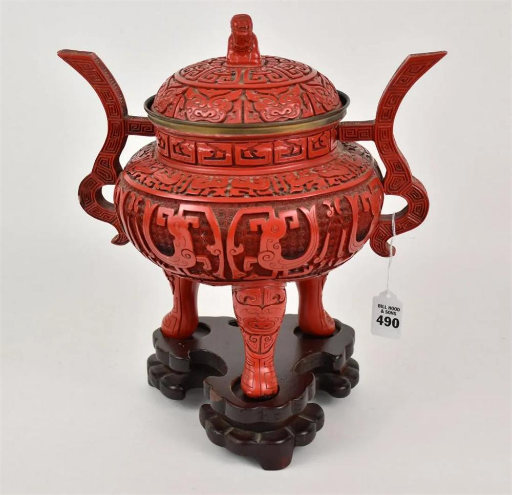 Large Chinese Cinnabar Red Lacquer Tripod Censer - (1 of 9)