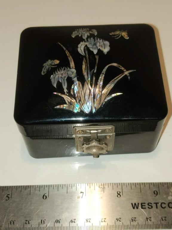 Black Lacquer / Mother of Pearl Inlay Hinged Box Approx (1 of 4)