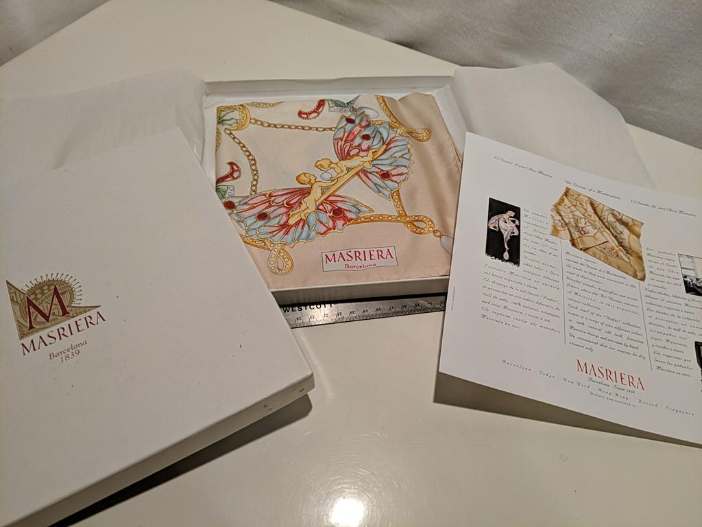 Masriera Barcelona Nouveau Silk Twill Scarf In: Masriera Barcelona Nouveau Silk Twill Scarf In box/appears unused. Designed to commemorate jewelry crafted by same company. In box/appears unused. Designed to commemorate jewelry crafted by same compa