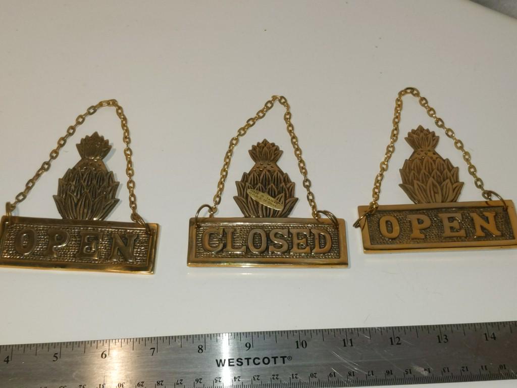 Lot of 3 Brass Pineapple 'Open'/'Closed' Signs Each is (1 of 4)