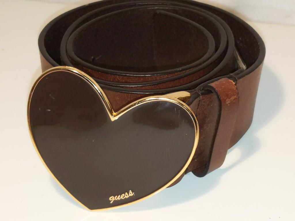 'Guess' Thick Brown Leather Belt with Heart Bkl Total: Guess' Thick Brown Leather Belt with Heart Bkl Total length 42" Total length 42"