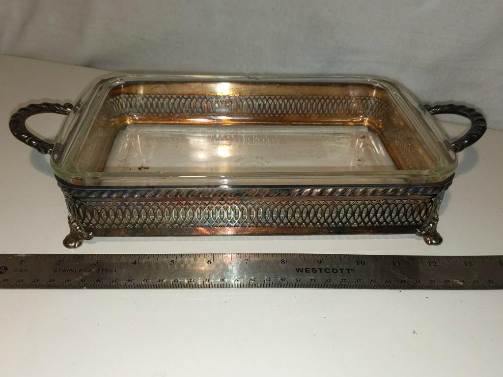 Silverplate (hallmarked) and Pyrex Server 14" wide: Silverplate (hallmarked) and Pyrex Server 14" wide 14" wide