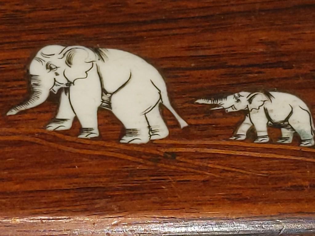 Wooden Hinged Lidded Pencil Box w/Elephant Inlay (1 of 4)
