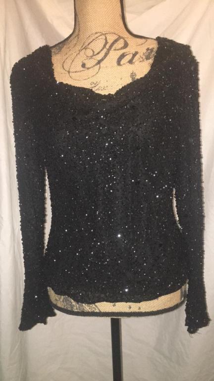 Marina Bresler Black Beaded Silk Sweater Sz Large Like (1 of 3)