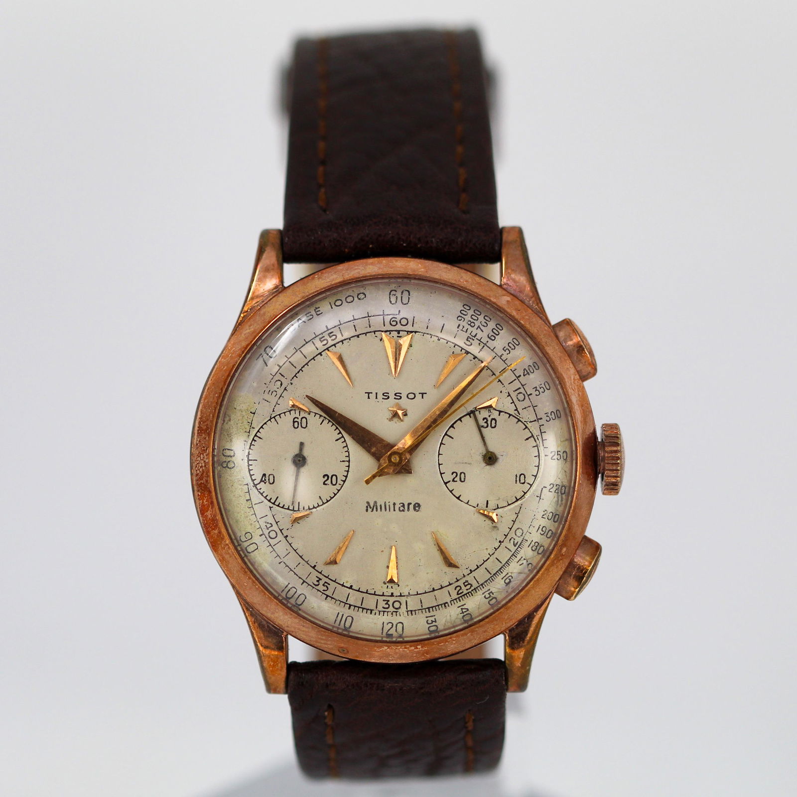 Vintage Tissot Militare Chronograph Wristwatch: Rose Gold Tissot Militare chronograph wristwatch. 37 mm diameter