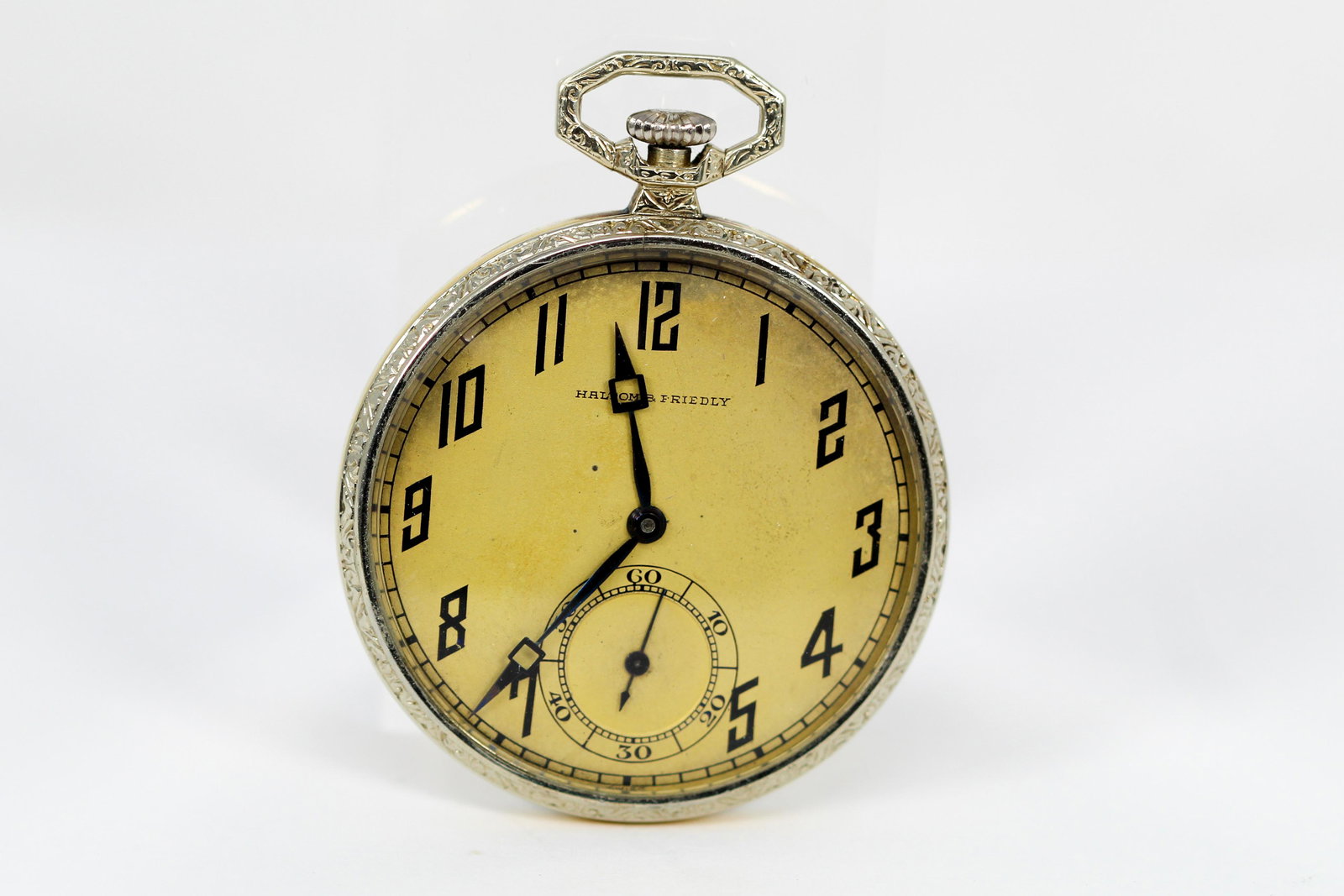 Vinatge Halton & Friedly Two-Tone Yellow and White Gold: Vintage Halton & Friedly Pocketwatch made by Longines in 18kt Yellow & White Gold. 42mm in diameter. Currently running at the time of cataloging.