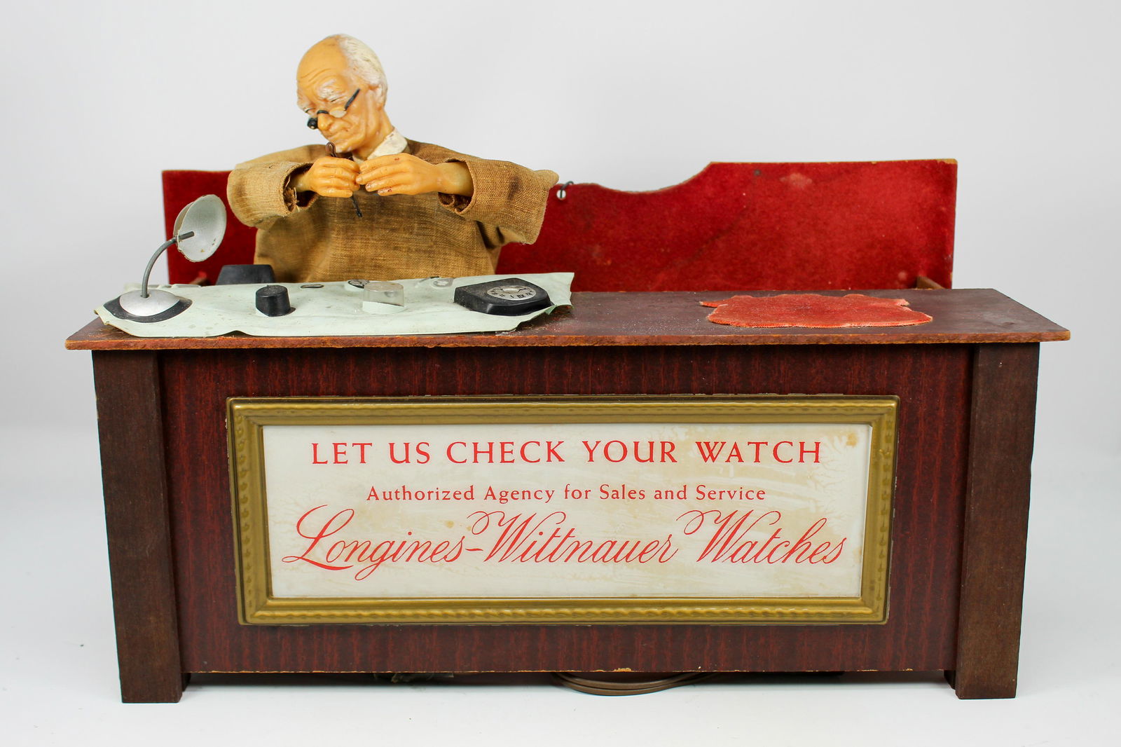 Antique Longines-Wittnauer Watch Maker Dealer Display: Antique dealer display. Sculpture complete with watchmaker statue behind his desk. 14"L 14.5"W 5.5"H