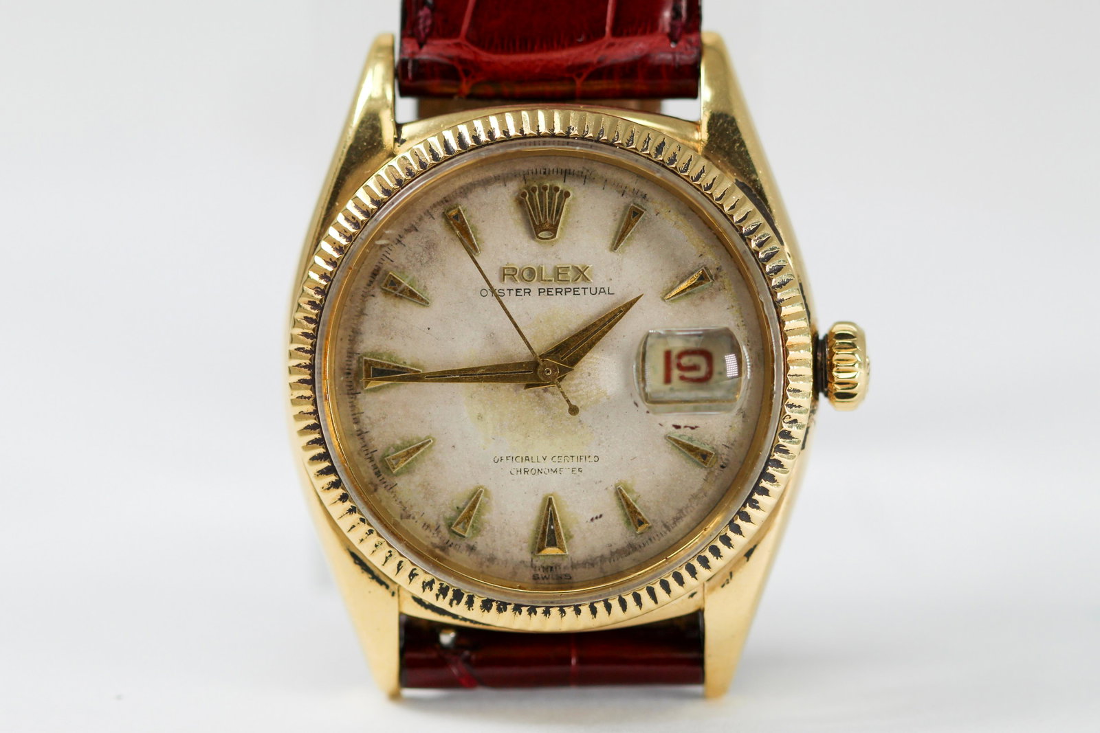 Vintage Rolex Oyster Perpetual Wristwatch in 18k Yellow: 18k Yellow Gold Vintage Rolex Oyster Perpetual Wristwatch. Model 6305, Serial #74799. 36mm diameter. Running at time of cataloging.