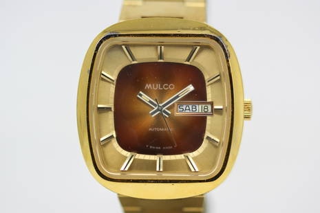 Vintage Mulco Day and Date Automatic Wristwatch: Gold Plated Vintage Mulco Day and Date Automatic Wristwatch. 38mm diameter. Running at time of cataloging.