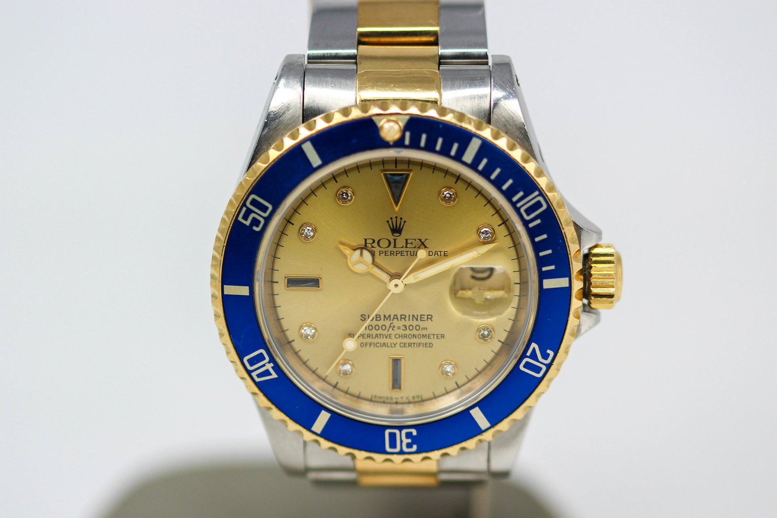 Vintage Two-Tone Rolex Oyster Perpetual Date Submariner Wristwatch with Factory Diamond Dial (1 of 8)