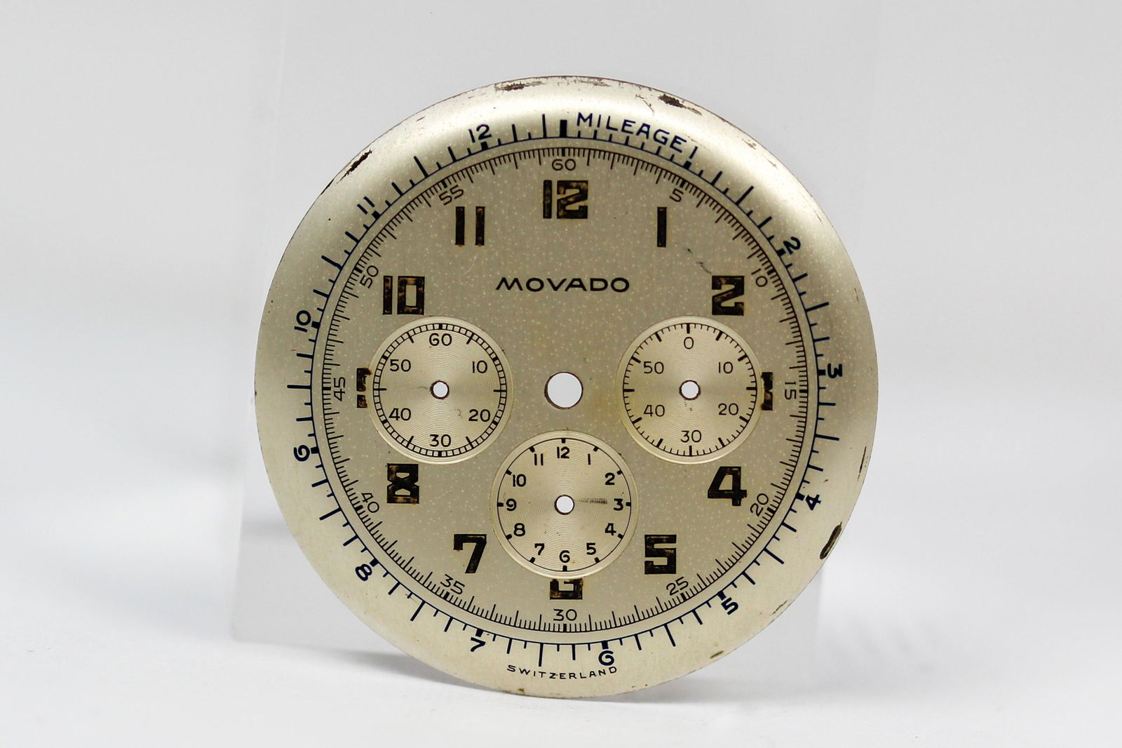 Loose Vintage Movado Chronograph Dial: Loose Vintage Movado Chronograph Dial. Silver dial. 32mm diameter. Loose watch parts.