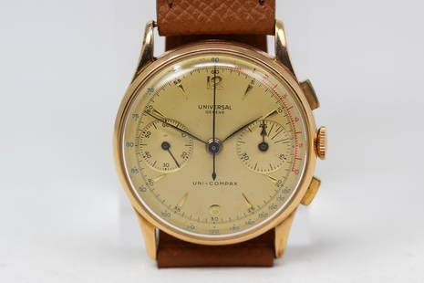 Vintage Universal Geneve Uni-Compax Chronograph Wristwatch in 18k Yellow Gold: 18k Yellow Gold Vintage Universal Geneve Uni-Compax Chronograph Wristwatch. 34mm diameter. Running at time of cataloging.