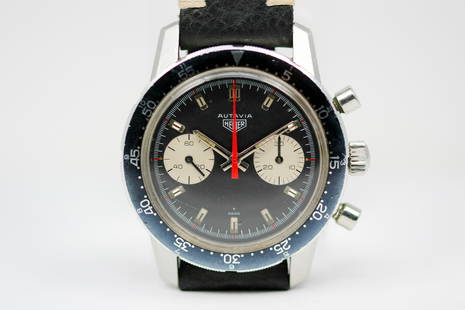 Vintage Heuer Autavia Chronograph Wristwatch: Stainless Steel Vintage Heuer Autavia Chronograph Wristwatch; Model 7763, Serial # 112357. 41mm diameter. Running at time of cataloging.