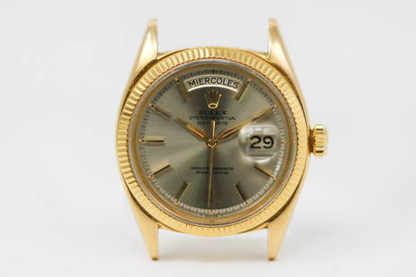 Vintage Rolex Oyster Perpetual Day-Date Wristwatch in 18k Yellow Gold: 18k Yellow Gold Vintage Rolex Oyster Perpetual Day-Date Wristwatch; Model 1803, Serial #497809; please note: model number no longer visible at top side of lugs. 36mm diameter. Running at time of