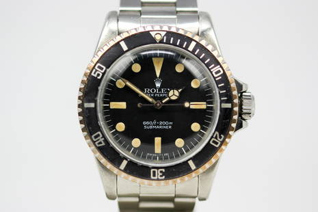 Vintage Rolex Oyster Perpetual Submariner Wristwatch: Stainless Steel Vintage Rolex Oyster Perpetual Submariner Wristwatch on Stainless Steel Rolex bracelet; Model 5513, Serial # 5518687. 40mm diameter. Running at time of cataloging.