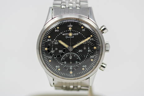 Vintage Wittnauer Geneve Professional Chronograph Wristwatch: Stainless Steel Vintage Wittnauer Geneve Professional Chronograph Wristwatch on Stainless Steel bracelet. 38mm diameter. Running at time of cataloging.