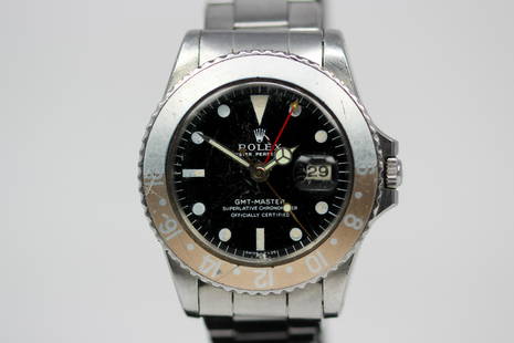 Vintage Rolex Oyster Perpetual GMT-Master with Date Wristwatch: Stainless Steel Vintage Rolex Oyster Perpetual GMT-Master with Date Wristwatch on Stainless Steel Rolex bracelet; Model 1675, Serial # 1347679. 40mm diameter. Running at time of cataloging.