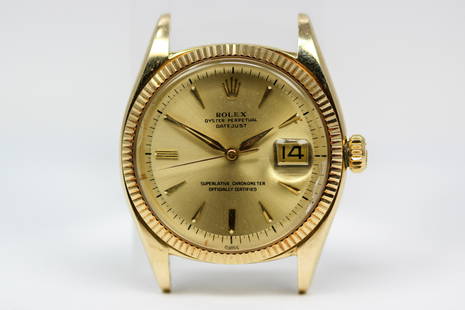 Vintage Rolex Oyster Perpetual Datejust Wristwatch in 14k Yellow Gold: 14k Yellow Gold Vintage Rolex Oyster Perpetual Datejust Wristwatch; Model 6605, Serial # 464074. 36mm diameter. Running at time of cataloging.