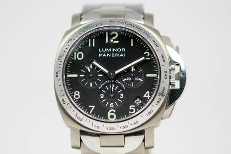 Panerai Luminor Automatic Chronograph Wristwatch: Stainless Steel Panerai Luminor Automatic Chronograph Wristwatch on Stainless Steel Panerai bracelet. 43mm diameter. Running at time of cataloging.