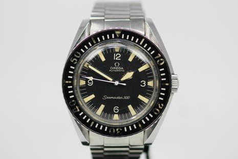 Vintage Omega Seamaster 300 Automatic Wristwatch: Stainless Steel Vintage Omega Seamaster 300 Automatic Wristwatch on Stainless Steel Omega bracelet; Ref # 165.024, Serial # 26296799. 41mm diameter. Running at time of cataloging.