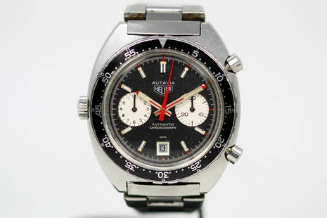 Vintage Heuer Autavia Chronograph with Date Wristwatch: Stainless Steel Vintage Heuer Autavia Chronograph with Date Wristwatch on Stainless Steel Heuer bracelet; Model 1163V, Serial # 268899. 42mm diameter. Not running.