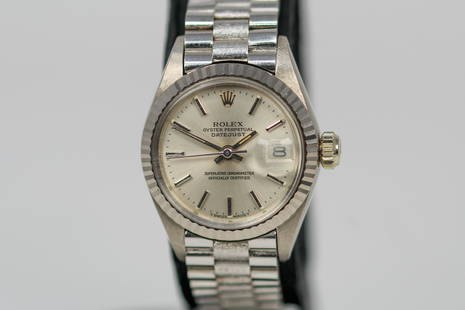 Vintage Ladies Rolex Oyster Perpetual Datejust Wristwatch in 18k White Gold: 18k White Gold Vintage Ladies Rolex Oyster Perpetual Datejust Wristwatch on 18k White Gold Rolex bracelet; Model 6917, Serial # 3466032. 25mm diameter. Running at time of cataloging.