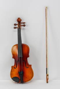 Vintage Konophonium Miniature Violin: Vintage Konophonium Miniature Violin. Hand-carved wood construction, workable strings, with felt-lined carrying case and horsehair bow. Made in Holland. 11" x 3.75" x 2".