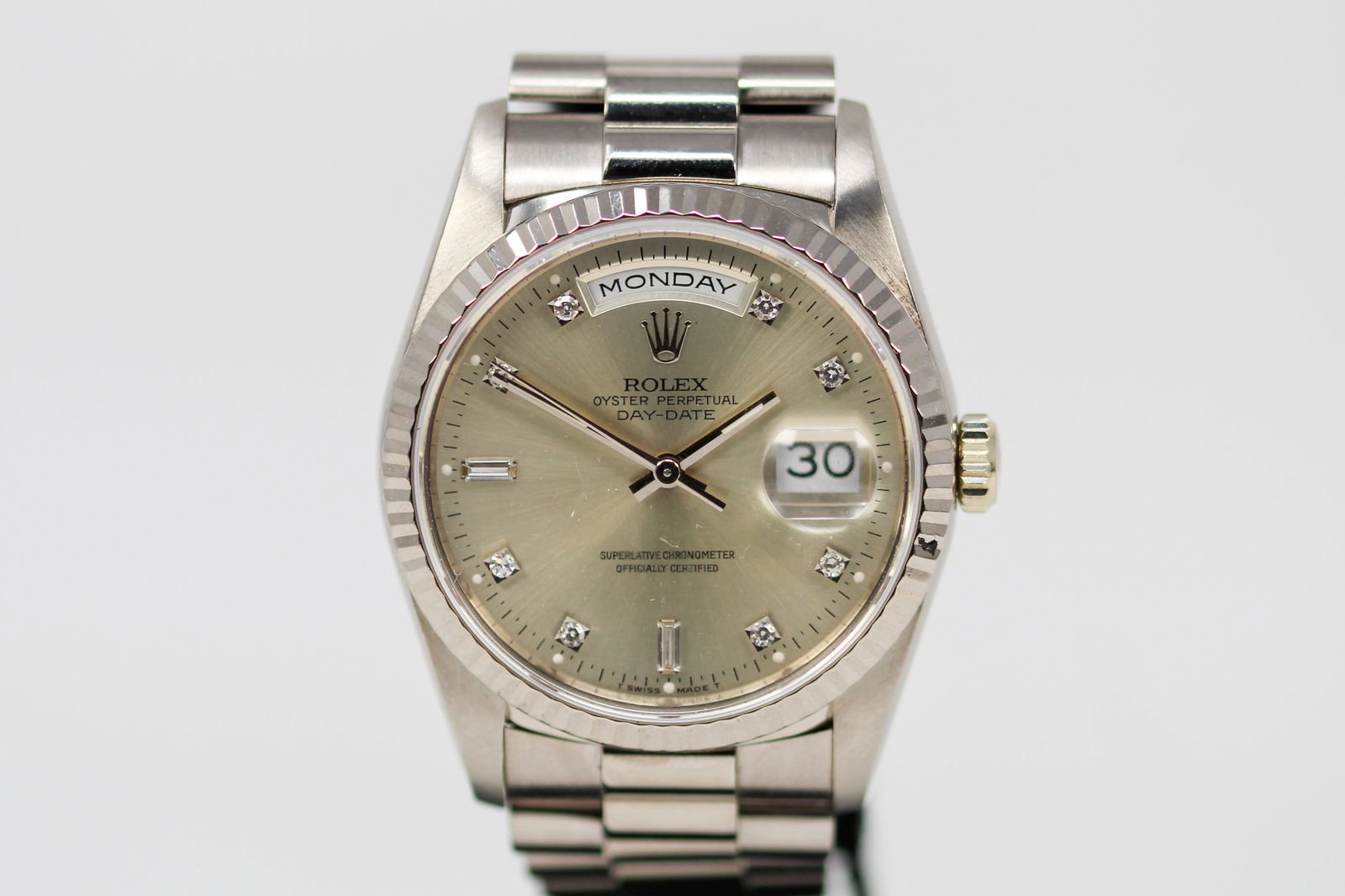Vintage Rolex Oyster Perpetual Day-Date Wristwatch with Factory Diamond Dial in 18k White Gold (1 of 8)
