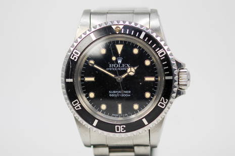 Vintage Rolex Oyster Perpetual Submariner Wristwatch: Stainless Steel Vintage Rolex Oyster Perpetual Submariner Wristwatch on Stainless Steel Rolex bracelet; Model 5513, Serial # 8333807. 40mm diameter. Running at time of cataloging.