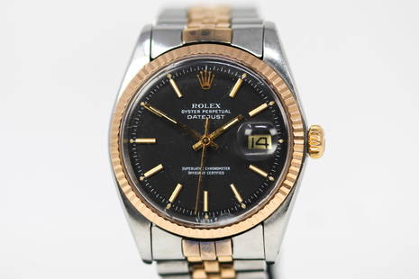 Two-Tone Vintage Rolex Oyster Perpetual Datejust Wristwatch: Two-Tone Vintage Rolex Oyster Perpetual Datejust Wristwatch on Two-Tone Rolex bracelet; Model 1601, Serial # 4152339. 36mm diameter. Running at time of cataloging.