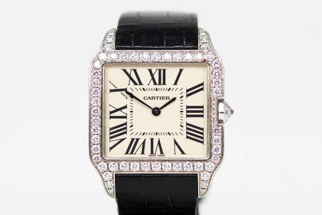 Cartier Santos Wristwatch (unclear if diamonds are aftermarket or factory) in 18k White Gold: 18k White Gold Cartier Santos Wristwatch (unclear if diamonds are aftermarket or factory); Model 2789, Serial # 820665CE. 31mm x 38mm. Not running