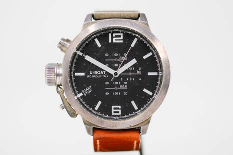 U-Boat Chronograph Wristwatch Chrono Limited Edition 1000 in Sterling Silver: Sterling Silver U-Boat Chronograph Wristwatch Chrono Limited Edition 1000; Model # UB378, Serial # 1000. 52mm diameter. Not running.