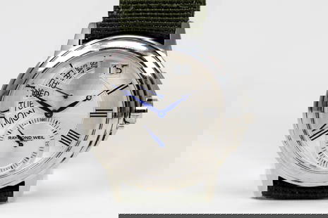 Raymond Weil Geneve with Date Wristwatch: Stainless Steel Raymond Weil Geneve with Date Wristwatch; Model 9579-STC-65001, Serial # W007604. 42mm diameter. Not running.