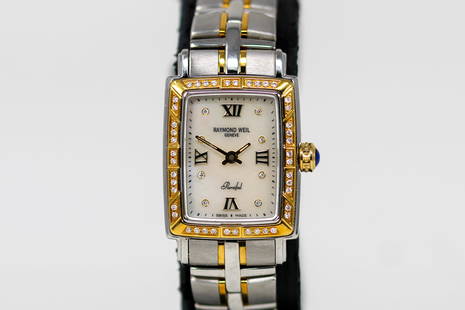 Two-Tone Ladies Raymond Weil Geneve Parsifal Wristwatch with Factory Diamonds: Two-Tone Ladies Raymond Weil Geneve Parsifal Wristwatch with Factory Diamonds on Two-Tone Raymond Weil bracelet; Model 9740, Serial # V792732. 21mm x 33mm. Not running.