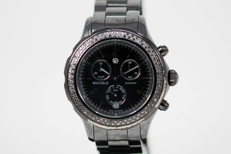 Ceramic Michele Diamond Chronograph with Date Wristwatch with Factory Black Diamond Bezel: Ceramic Michele Diamond Chronograph with Date Wristwatch with Factory Black Diamond Bezel on Ceramic Michele bracelet; Serial # JA00081S. 40mm diameter. Not running.