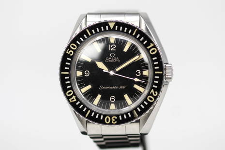 Vintage Omega Seamaster 300 Automatic Wristwatch: Stainless Steel Vintage Omega Seamaster 300 Automatic Wristwatch on Stainless Steel Omega bracelet; Ref 165.024, Serial # 24723283. 42mm diameter. Running at time of cataloging.